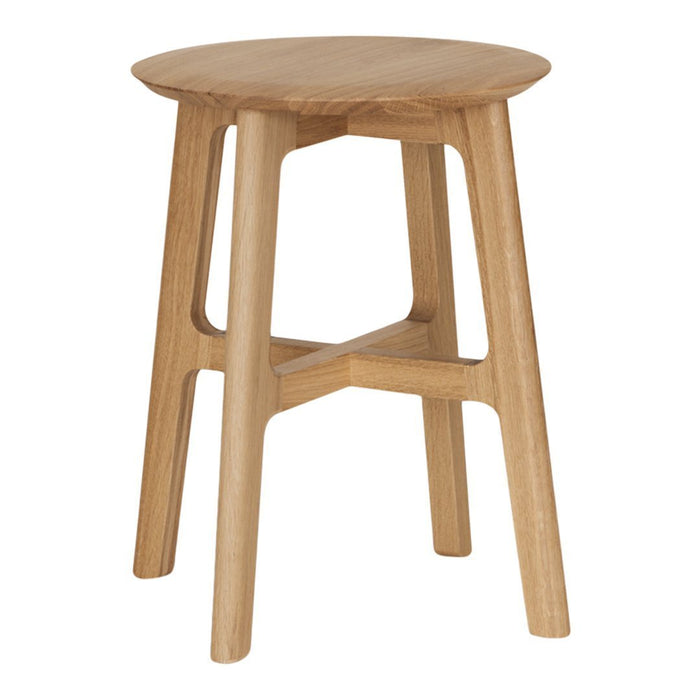 Light natural wood finish with a smooth, round tabletop and simple, clean lines. Ideal for modern decor.