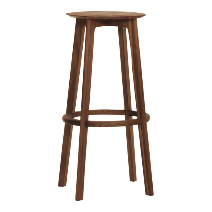 Brown wooden bar stool with a smooth round seat and simple, sleek legs, featuring a natural wood finish.