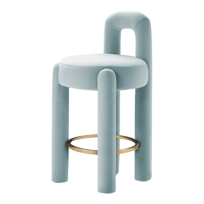 Light blue upholstered stool with smooth, rounded edges and a gold circular footrest. Minimalist and modern design.