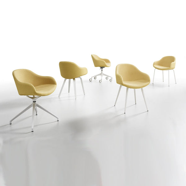 Set of five modern yellow chairs with smooth, curved seats on sleek metal bases. Elegant design and vibrant color.