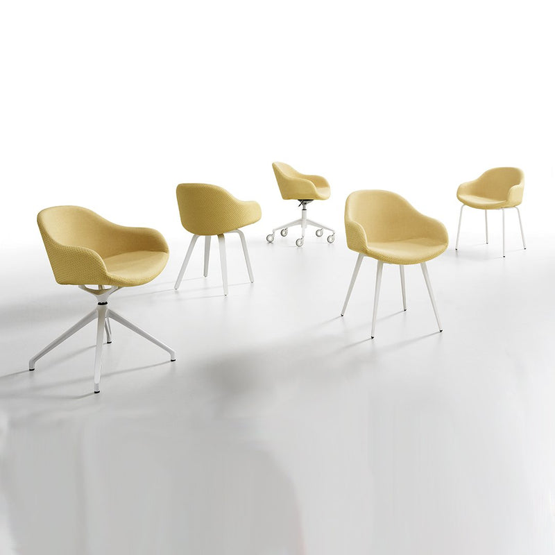Set of five modern yellow chairs with smooth, curved seats on sleek metal bases. Elegant design and vibrant color.
