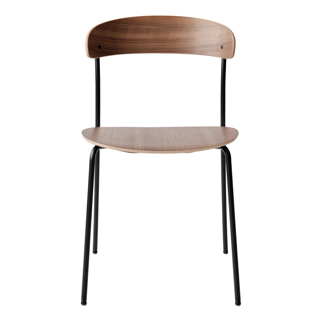 "Brown wooden chair with smooth finish and sleek black metal legs, minimalistic design and natural tones."