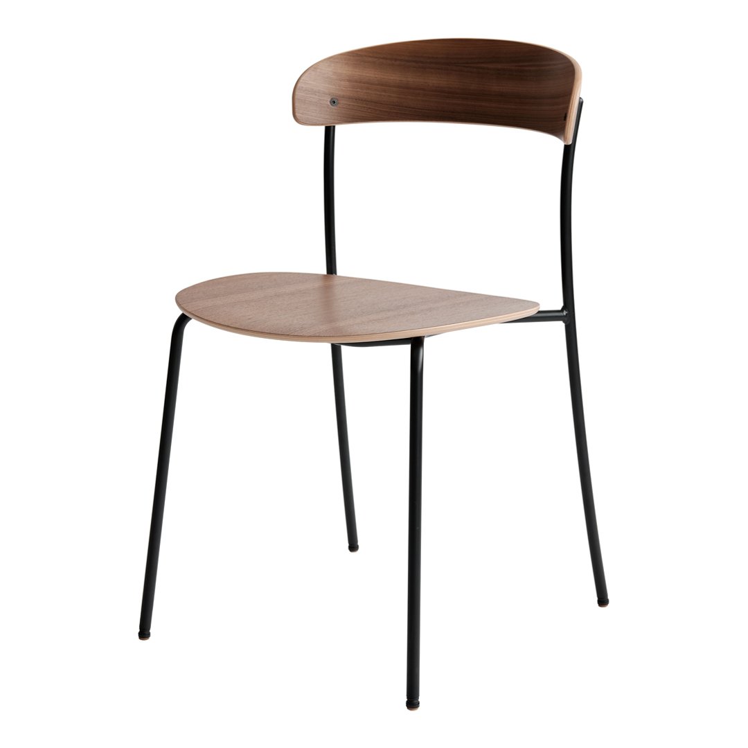 "Stylish chair with a warm wood seat and backrest, paired with sleek black metal legs for a modern look."