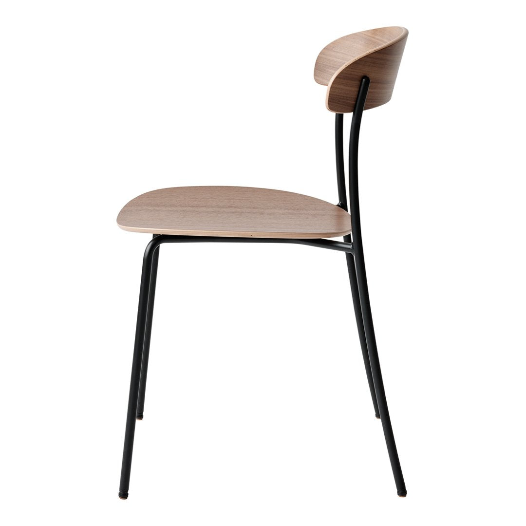 Sleek black metal legs support a smooth wood seat with a warm, natural finish and minimalist design.