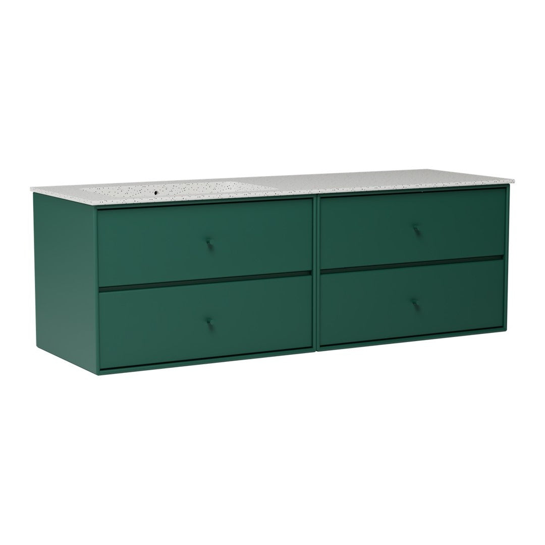 Green dresser with minimalist design and four spacious drawers, featuring a sleek metal top for a modern touch.