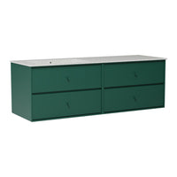 Green dresser with minimalist design and four spacious drawers, featuring a sleek metal top for a modern touch.
