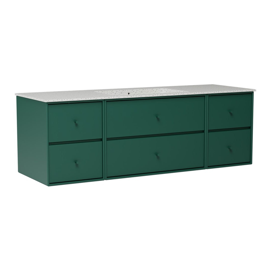 Green sideboard with a smooth white top and six minimalist drawers. Sleek, modern design with a contemporary finish.