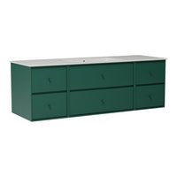 Green sideboard with a smooth white top and six minimalist drawers. Sleek, modern design with a contemporary finish.