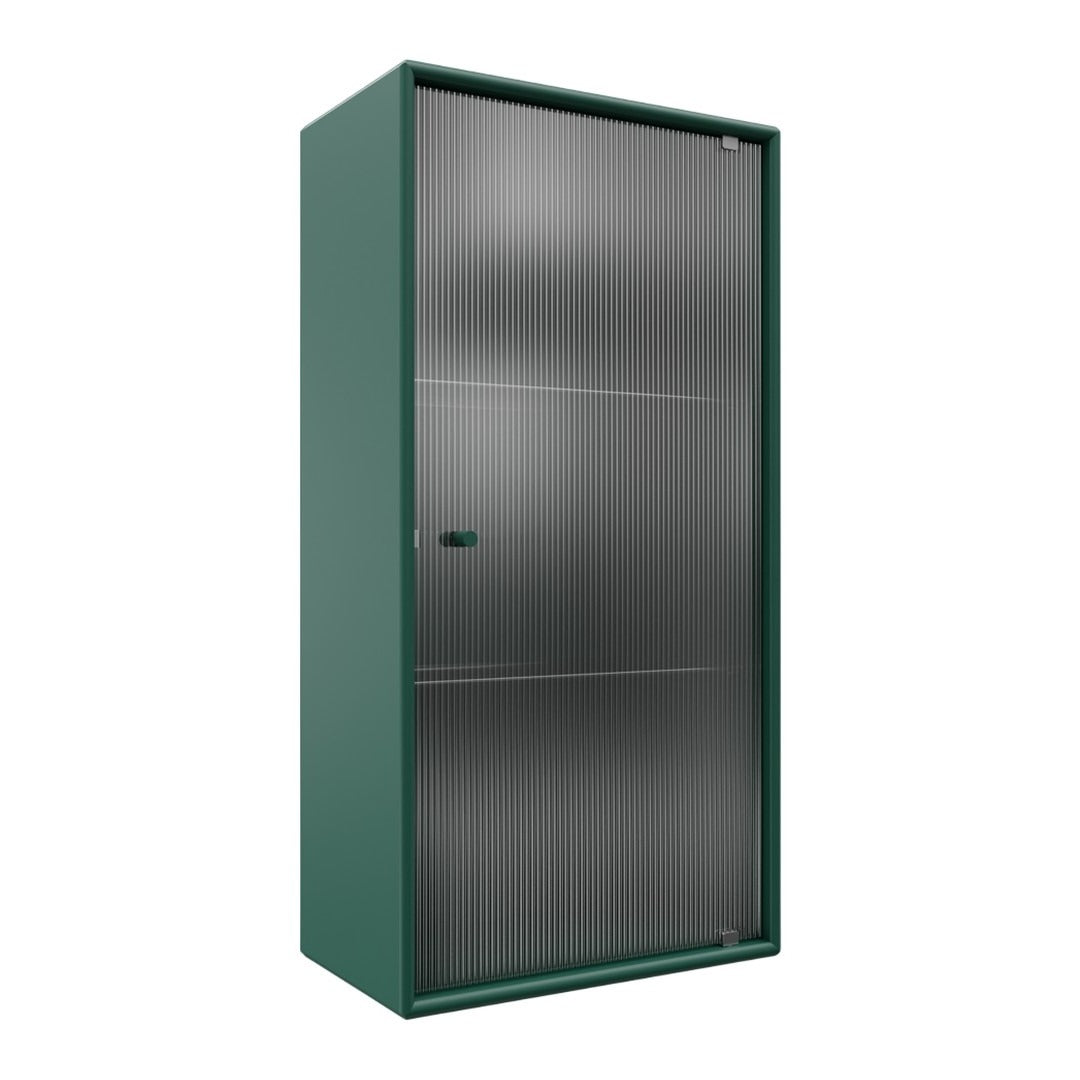 Green metal storage cabinet with a smooth, textured gray door featuring vertical lines.