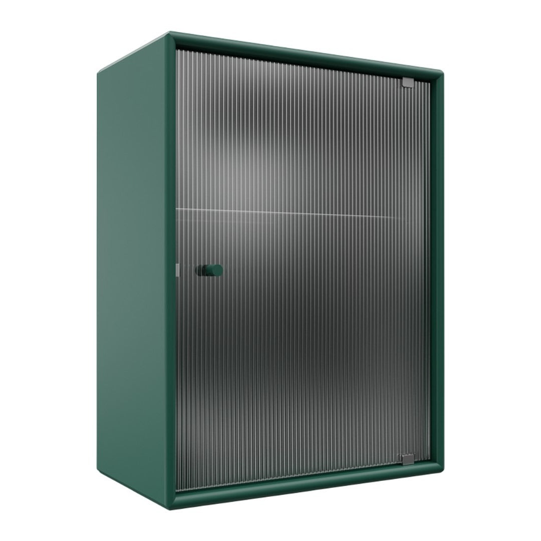 Green metal cabinet with a textured silver corrugated door, enhancing modern aesthetic and durability.