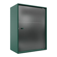 Green metal cabinet with a textured silver corrugated door, enhancing modern aesthetic and durability.