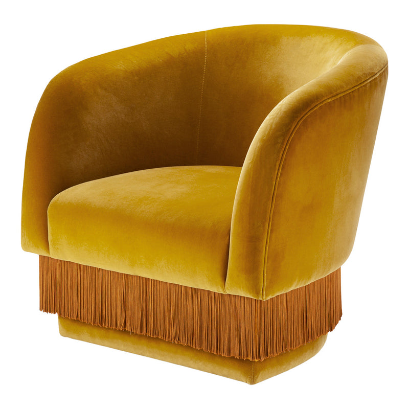 Velvet lounge chair in vibrant mustard yellow with a fringe detail in warm, earthy tones. Modern and stylish accent piece.