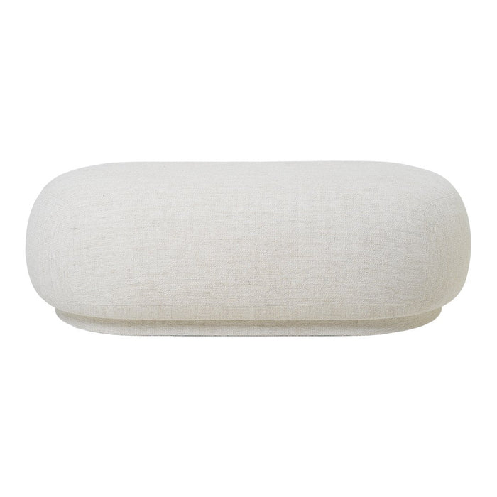 Soft white oval cushion with a textured linen pattern, perfect for modern home decor.
