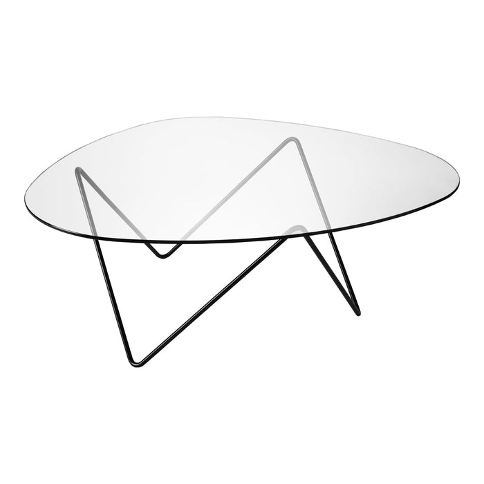 Sleek black metal legs support a clear, translucent glass tabletop with an organic, asymmetrical shape.