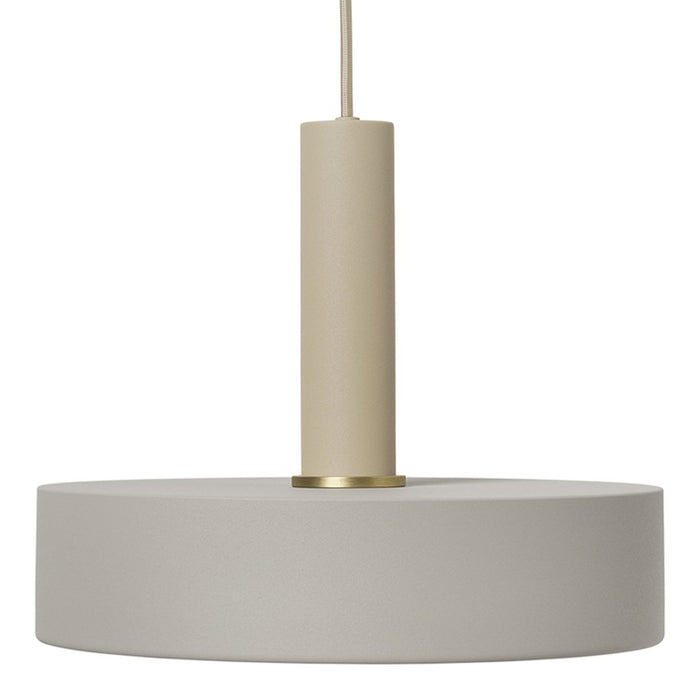 Beige pendant lamp with a matte finish and a sleek circular shade, featuring subtle gold accents. Perfect for modern decor.