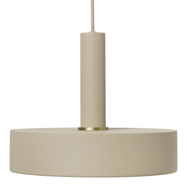 Beige circular pendant lamp with a smooth matte finish and a gold accent. Ideal for modern interior decor.