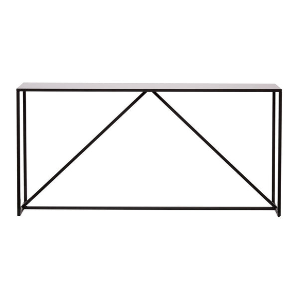 Black metal frame with a sleek, minimalistic design and a solid light wood top. Modern geometric pattern.