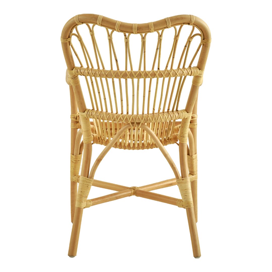 Natural woven rattan chair with a light tan finish and intricate crisscross pattern. Ideal for stylish indoor decor.