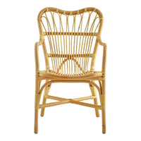 Natural rattan chair with intricate woven patterns in warm beige tones, perfect for a stylish, airy decor.