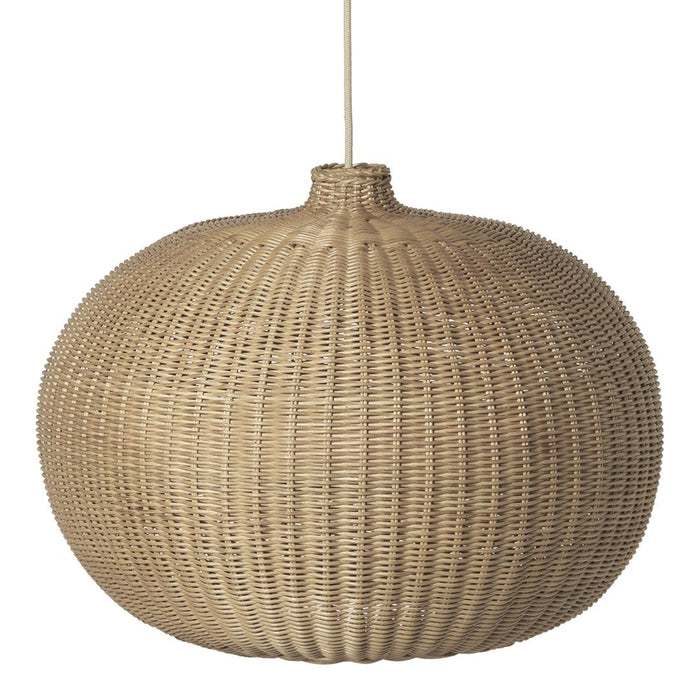 Natural woven rattan pendant light in a round shape with a beige tone and textured pattern. Ideal for boho decor.