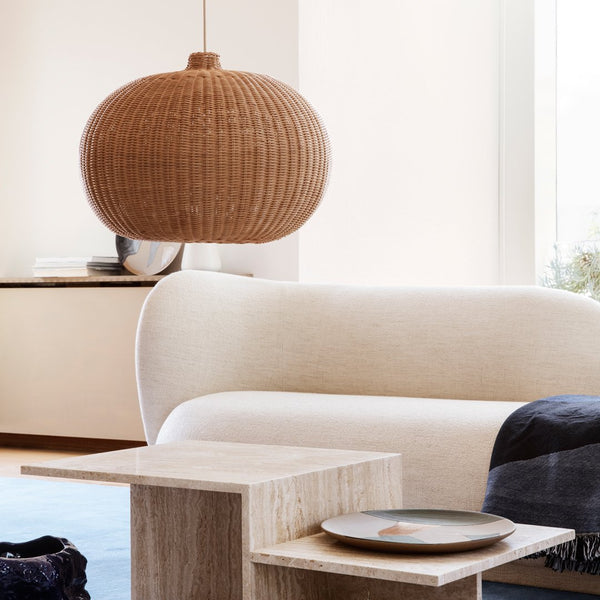 "Neutral-toned woven pendant lamp with warm brown hues and a textured design, complementing modern decor."