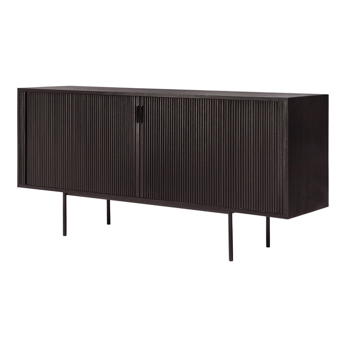 Black wooden cabinet with vertical grooves and sleek metal legs, showcasing a modern minimalist design.