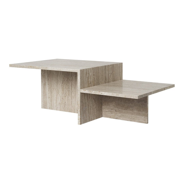 Modern two-tier coffee table in a light beige and subtle wood grain pattern. Stylish geometric design for contemporary decor.