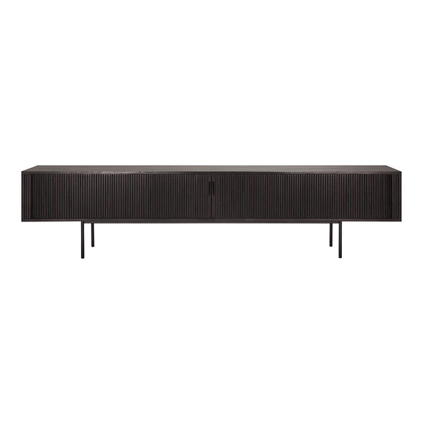 Sleek black wood sideboard with a textured finish and minimalist design on slender legs. Perfect for modern decor.