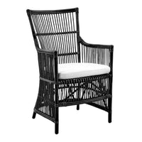 Black woven rattan chair with a white cushion, featuring a stylish slatted pattern for a modern look.