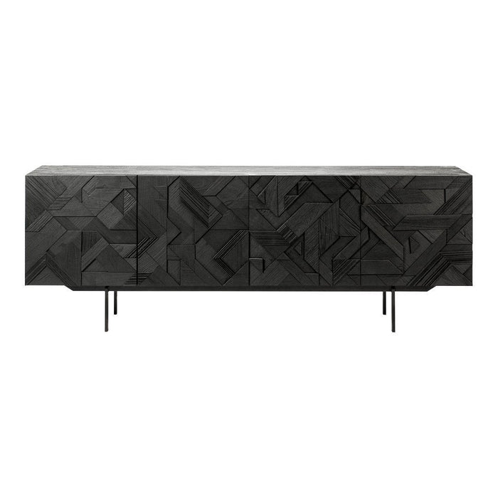 Black geometric patterned sideboard with textured finishes and sleek metal legs, perfect for modern decor.