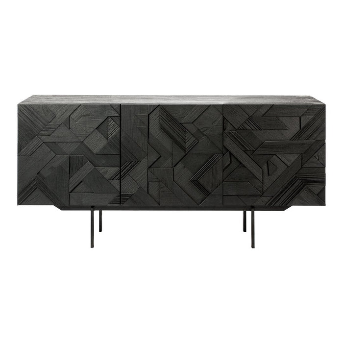 Black geometric patterned sideboard with a textured finish and sleek black legs. Perfect for modern interiors.