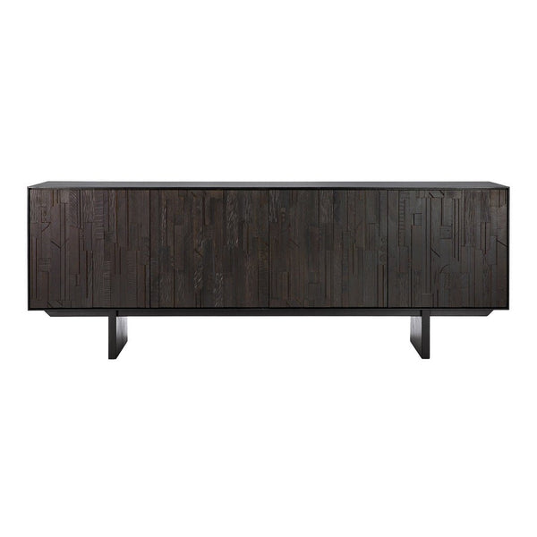 Dark wood console table with textured vertical patterns and sleek metal legs, perfect for modern decor.