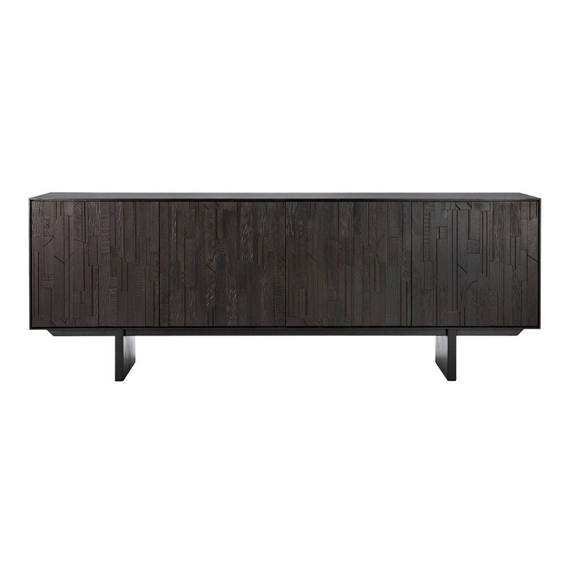 Dark wood console table with textured vertical patterns and sleek metal legs, perfect for modern decor.