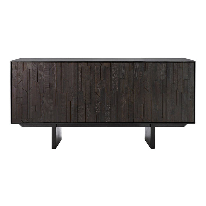 Dark wood sideboard featuring a vertical slat pattern and minimalist design, perfect for modern decor.