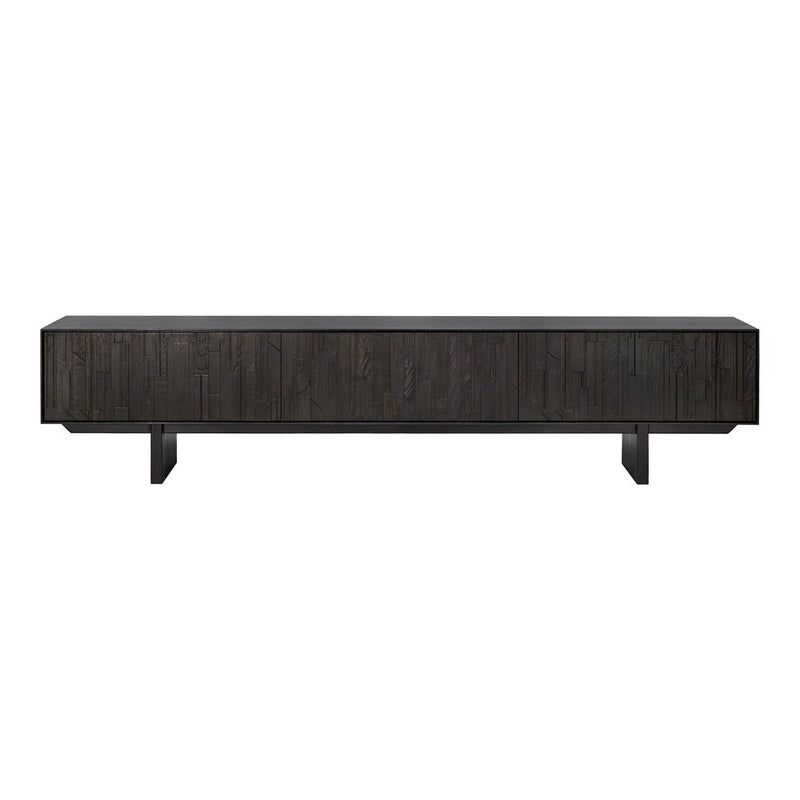 Sleek black wooden console table with vertical line pattern and minimalistic design. Modern home decor accent.