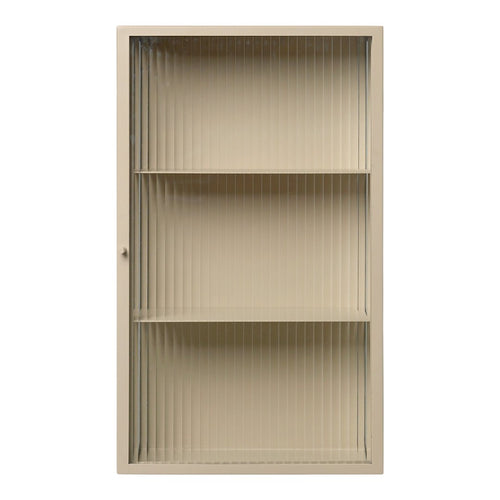 Beige ribbed cabinet with three shelves, featuring a smooth textured pattern for a modern look.