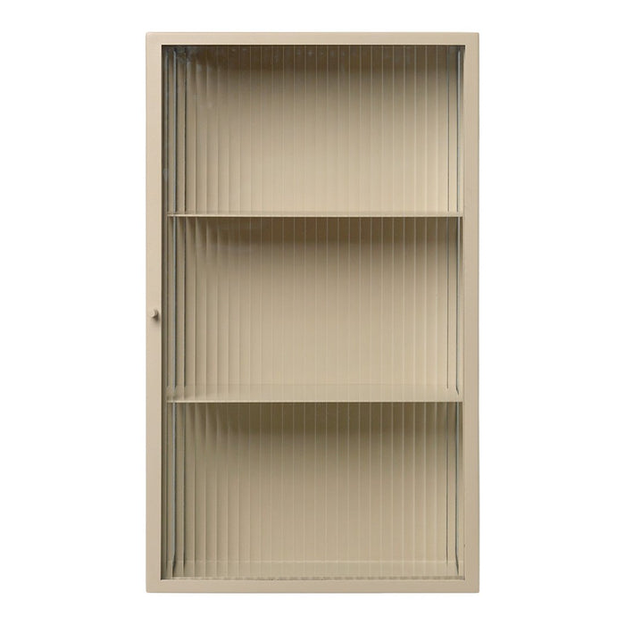 Beige ribbed cabinet with three shelves, featuring a smooth textured pattern for a modern look.