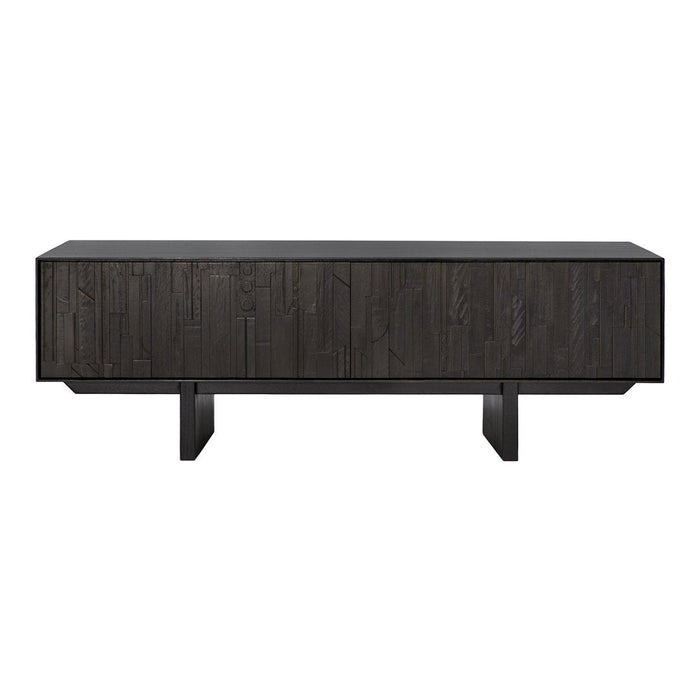 Modern dark wood sideboard with textured, linear patterns and sleek black finish. Perfect for minimalist decor.