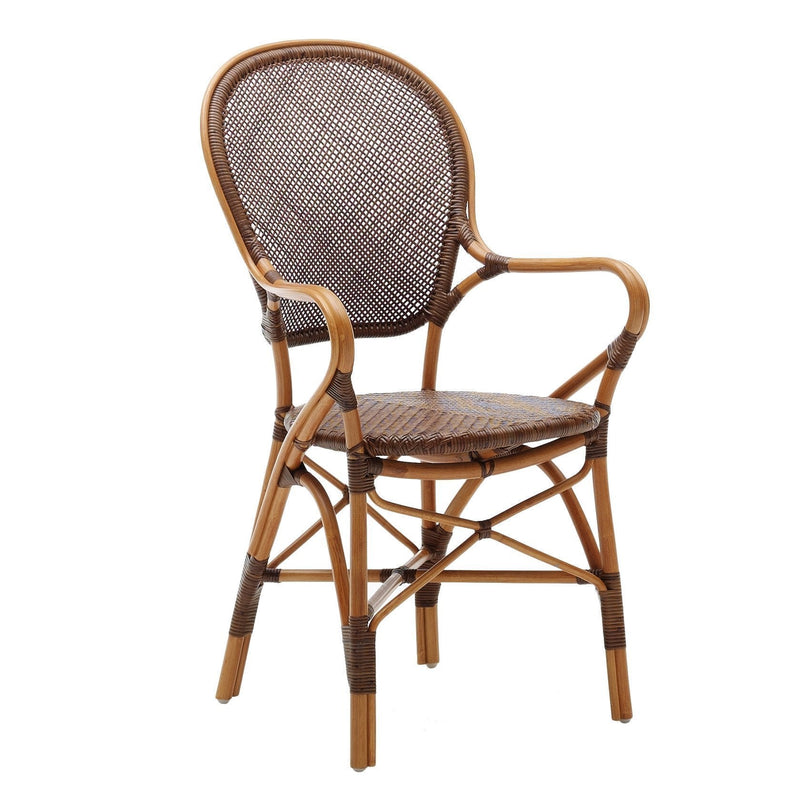 Brown and beige checkered pattern with wicker details on a stylish dining chair. Perfect for chic decor.
