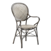 Natural gray woven rattan chair with a classic pattern, featuring curved backrest and armrests. Perfect for any decor.