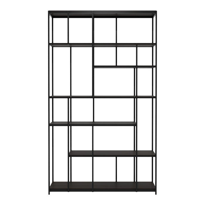 Sleek black metal bookshelf with an open geometric design and varying shelf heights. Perfect for modern decor.