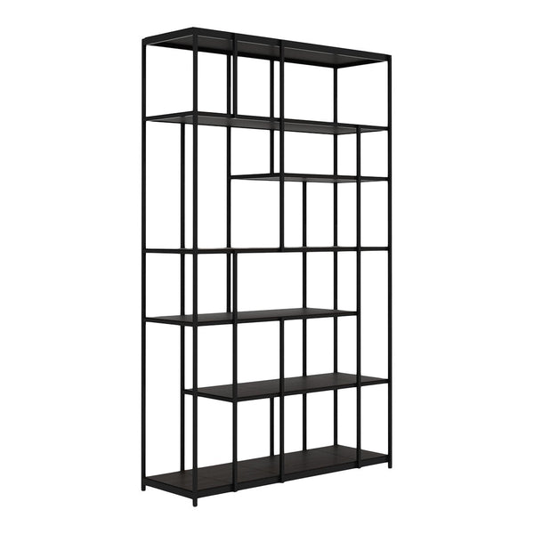 Black metal bookshelf with geometric open shelving design. Modern minimalist style suitable for various decor.