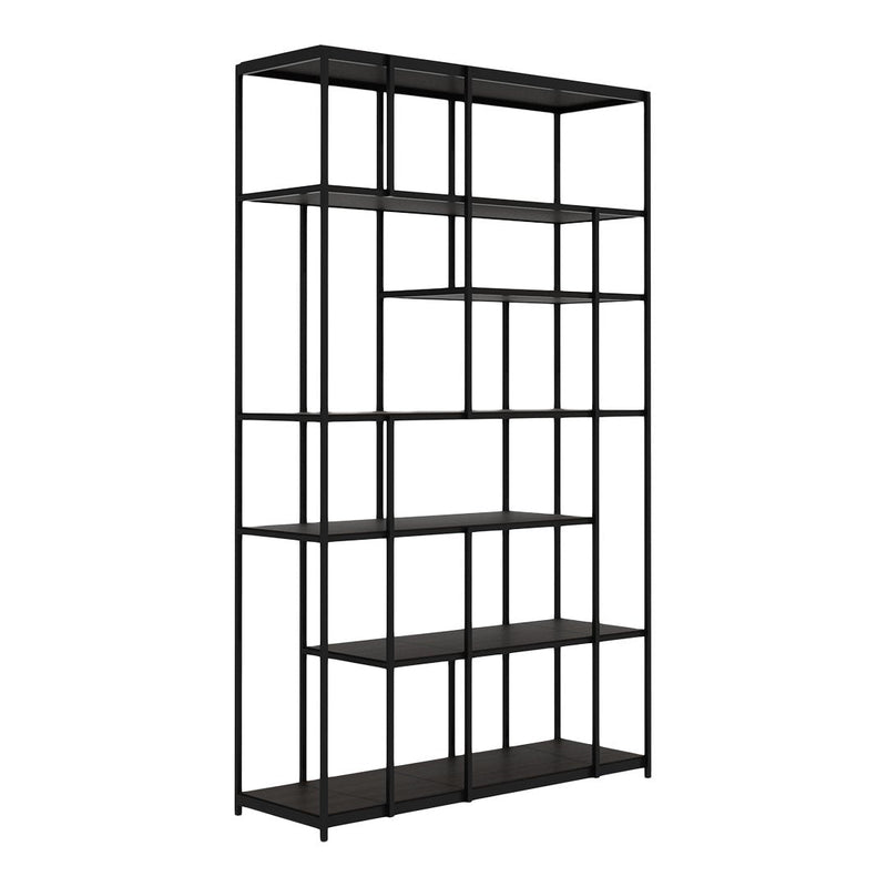 Black metal bookshelf with geometric open shelving design. Modern minimalist style suitable for various decor.