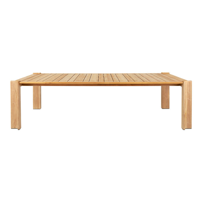 Natural wood coffee table with a smooth, light brown finish and slatted top pattern for a modern, minimalist look.