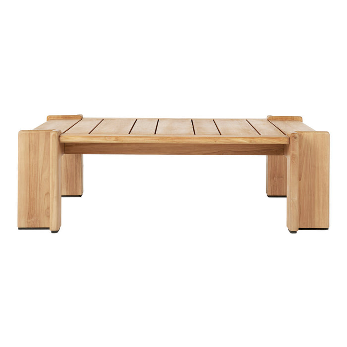 Natural wood coffee table in warm, light brown tones with a sleek, slatted design and minimalist structure.