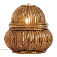 Natural wood lamp with curved, vertical slats in a warm, honey-brown finish, creating an inviting bohemian vibe.