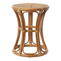 Natural rattan stool with a woven top, featuring a light brown finish and a contemporary design.
