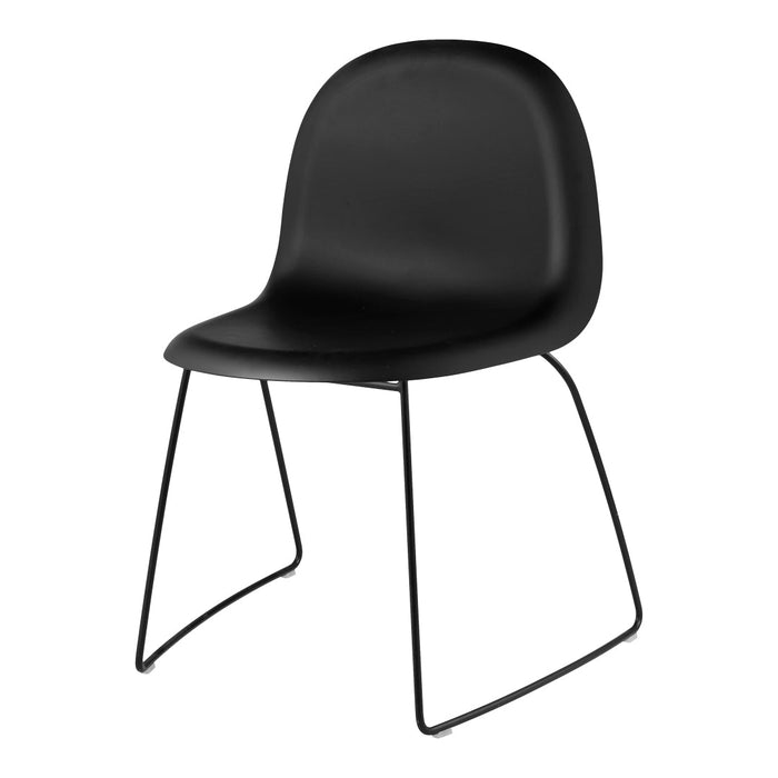 Modern black chair with a sleek, minimalist design and contrasting black metal legs. Perfect for contemporary spaces.
