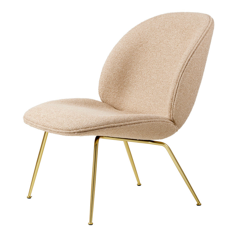 Beige upholstered chair with smooth curves and bold gold legs, featuring a minimalist modern design.