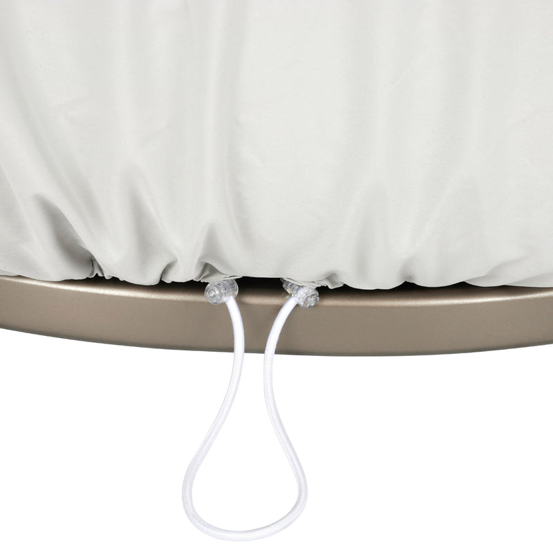 Light gray outdoor cover with elastic bottom and white drawstrings, featuring a smooth, streamlined design.